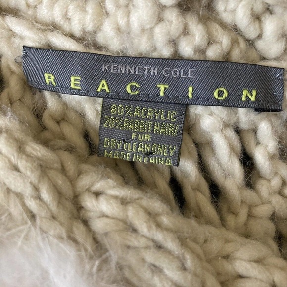 Kenneth Cole Reaction Poncho Open Knit Rabbit Tails Beige Pullover One Size - Picture 6 of 8